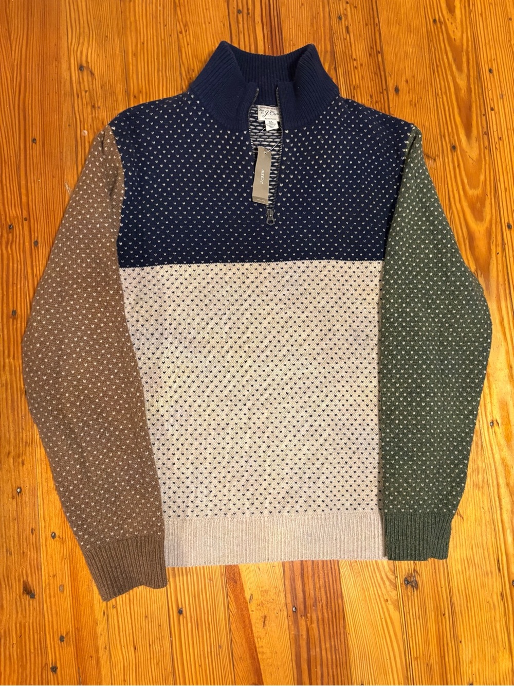 J. Crew Merino Wool Colorblock Half-Zip Sweater in Navy, Tan, and Green